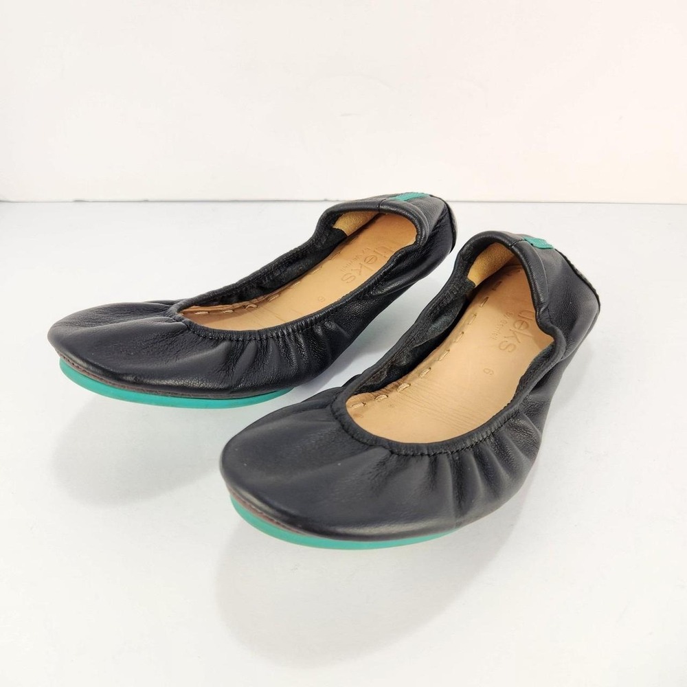 Tieks Black Leather Ballet Flats Women's Size 6 Turquoise Soles Slip On